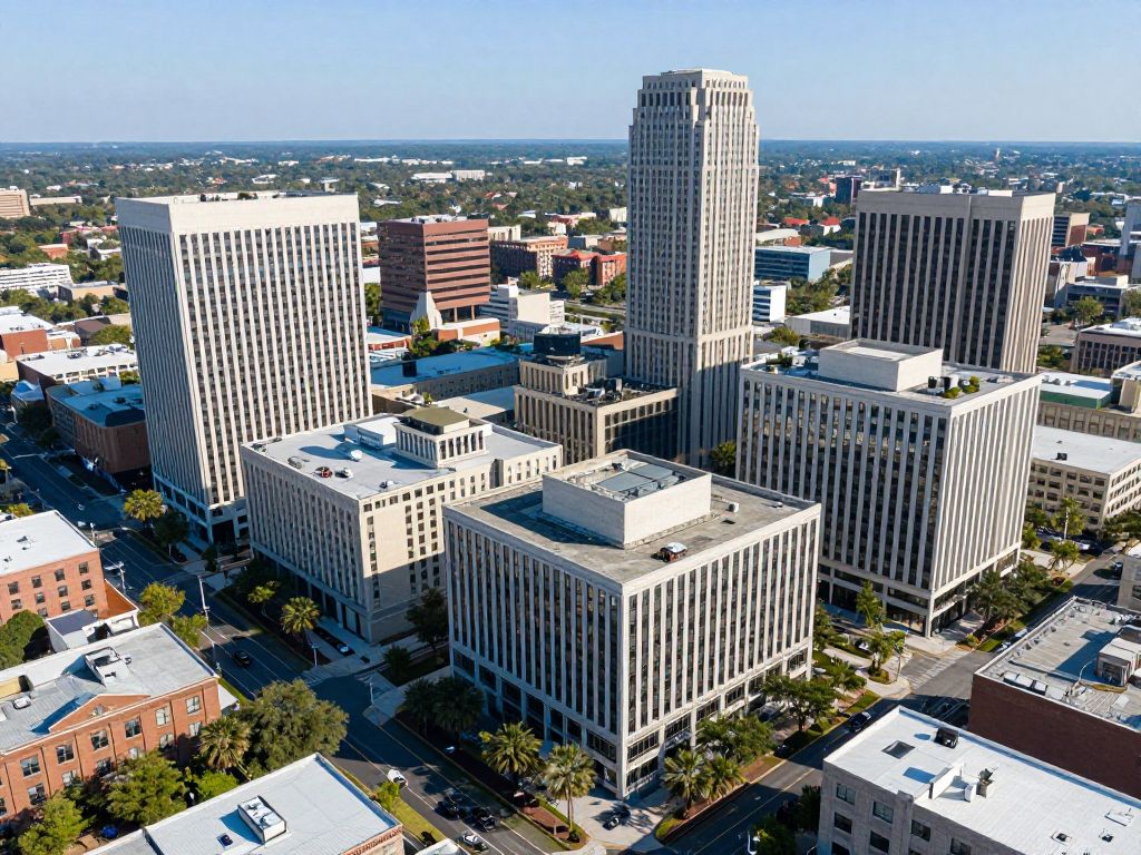 Aerial view of Charleston business district highlighting modern architecture and sustainable practices.