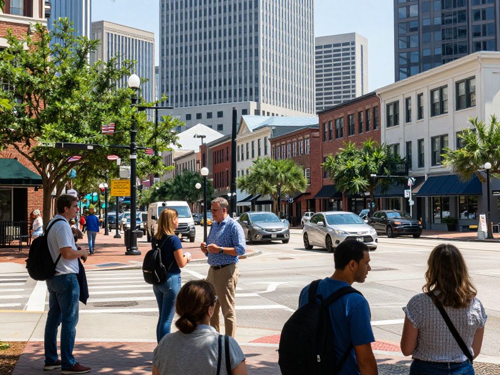 Aerial view of Charleston's business district showcasing economic activities and growth.