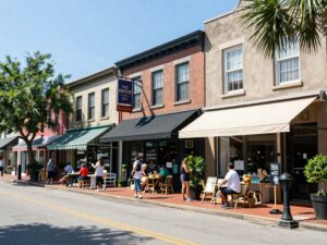 A bustling Charleston SC street filled with local businesses and entrepreneurs.