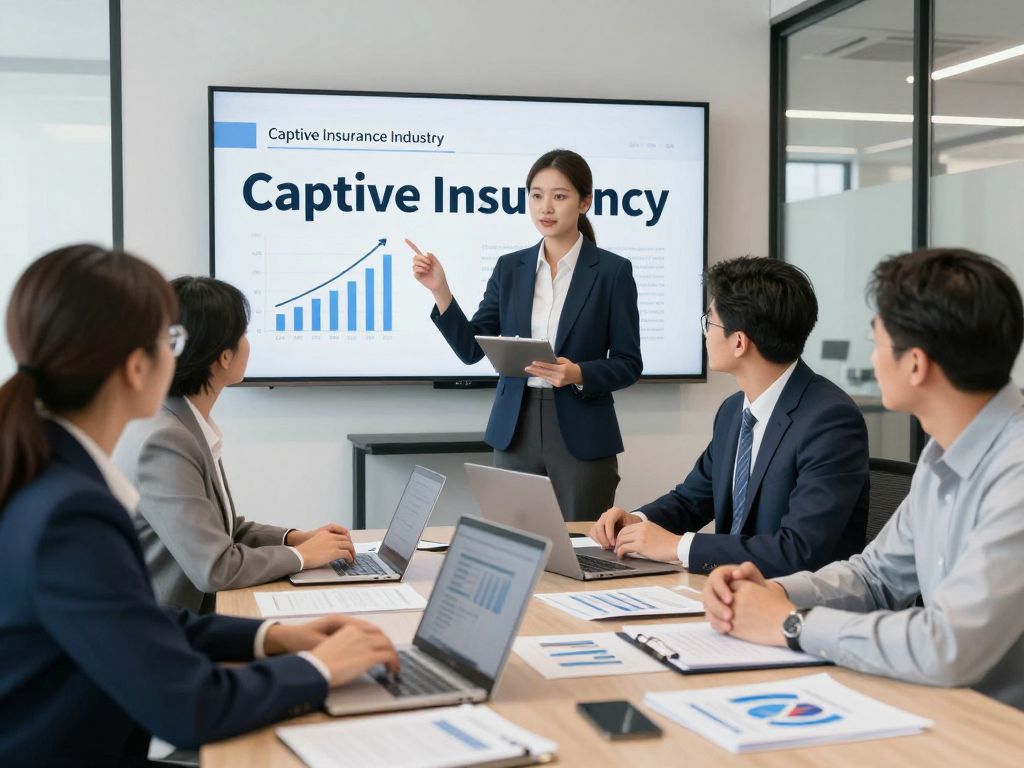 Professionals collaborating in a modern office on captive insurance strategies.