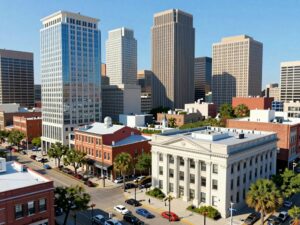 A view of Charleston's skyline featuring a modern bank building in a bustling business district.