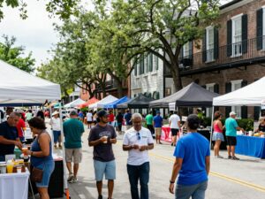 A lively Charleston festival with people enjoying music and food.