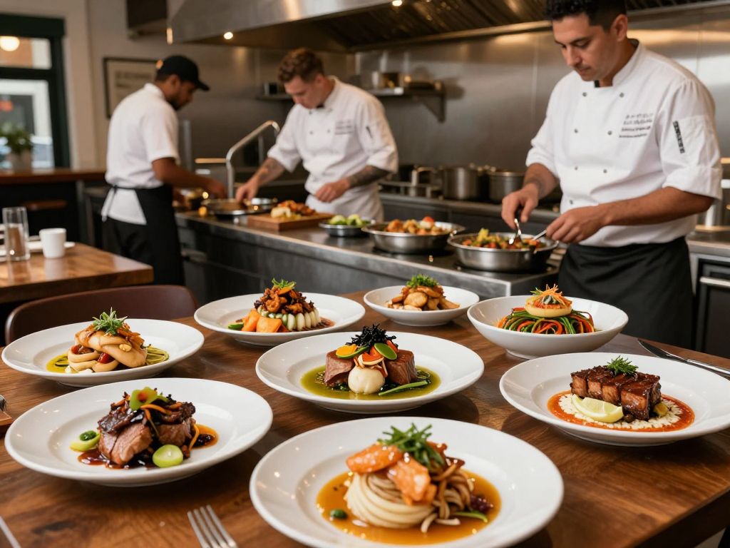 Chefs at work in a busy Charleston restaurant kitchen.