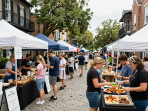 Vibrant scene from Charleston's Culinary Festival with food vendors and attendees.