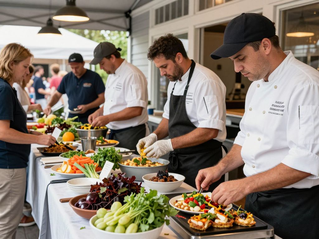 Chefs preparing local dishes in a bustling Charleston restaurant