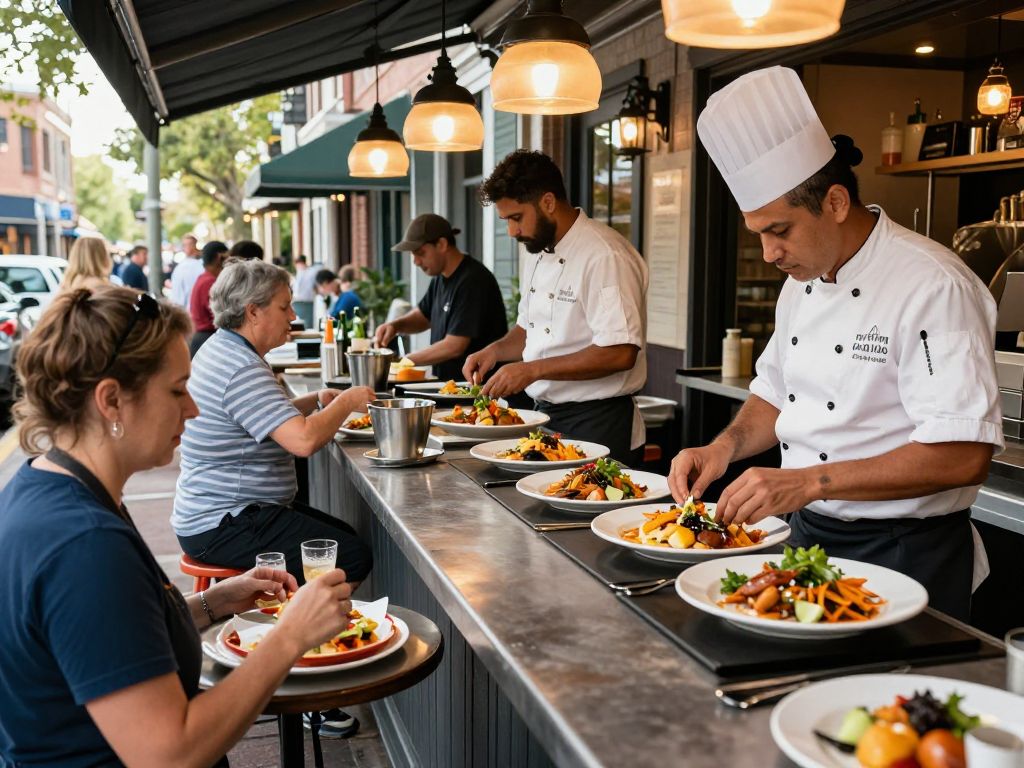 A bustling street in Charleston SC filled with diverse restaurants showcasing culinary creativity.