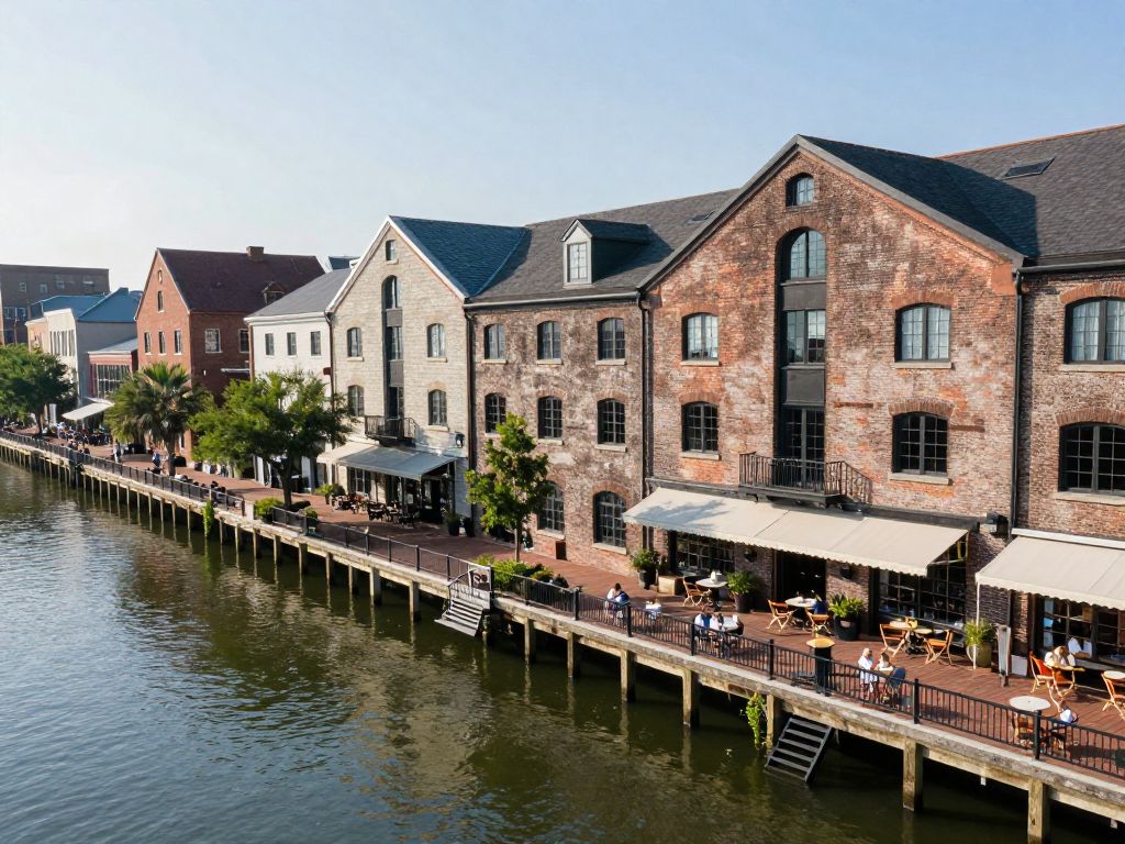 Overview of the Charleston Design District with restored warehouses and outdoor dining along the Cooper River.
