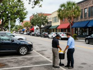 Parking spaces in downtown Charleston with hospitality workers in view