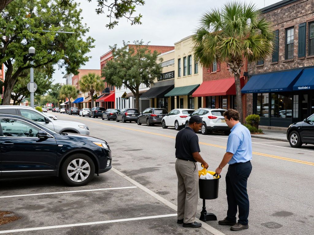 Parking spaces in downtown Charleston with hospitality workers in view