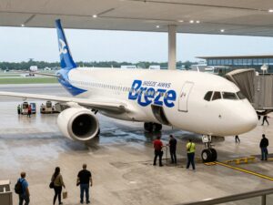 Breeze Airways plane at an airport terminal