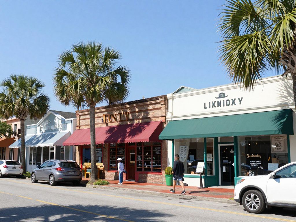 A bustling street in Charleston showcasing small businesses and community engagement.