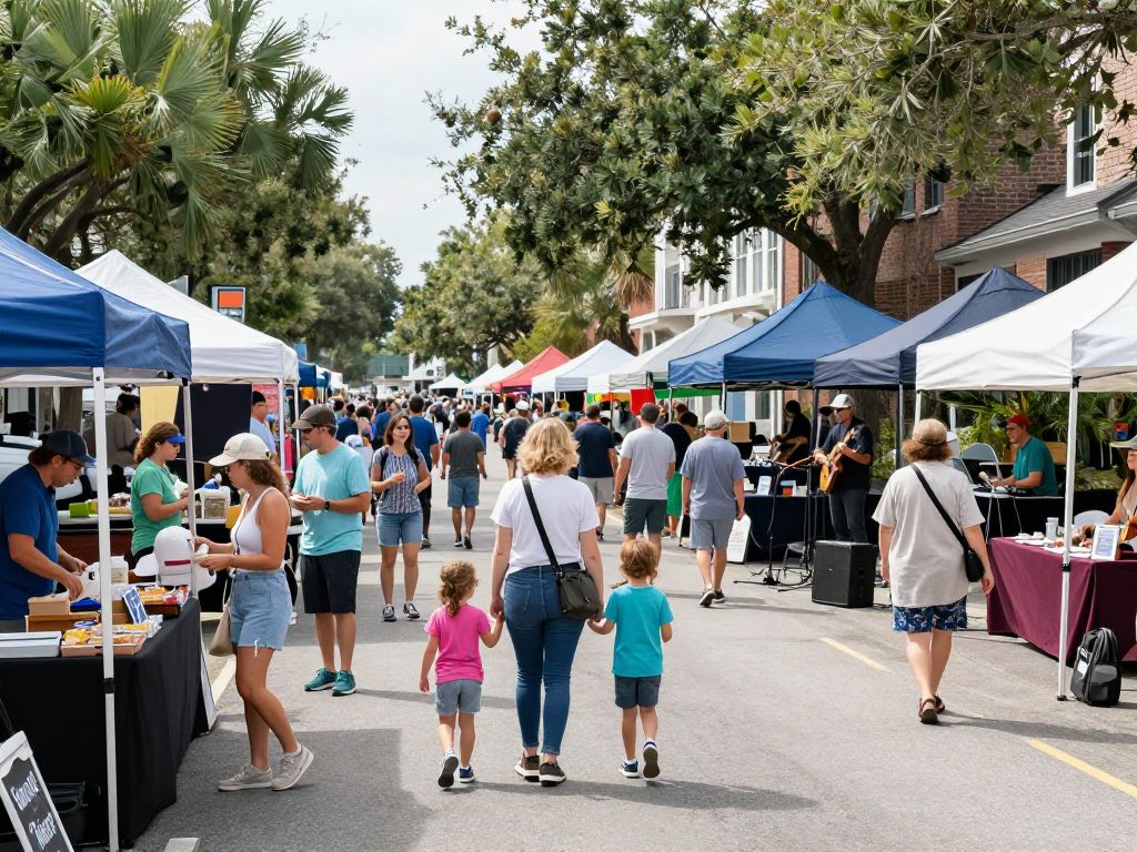 A street festival in Charleston with food vendors and live music