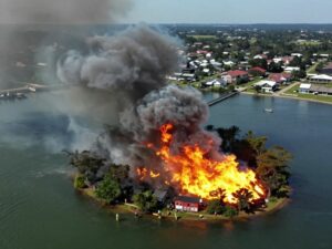 Aerial view of a large fire on Laurel Island in Charleston with ash falling over surrounding areas.