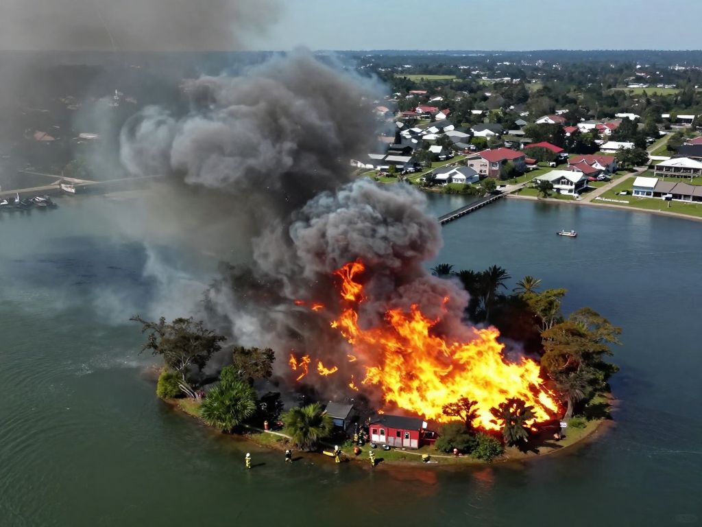 Aerial view of a large fire on Laurel Island in Charleston with ash falling over surrounding areas.