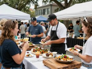 Vibrant scene from the Charleston Wine and Food Festival featuring local cuisine and enthusiastic attendees.