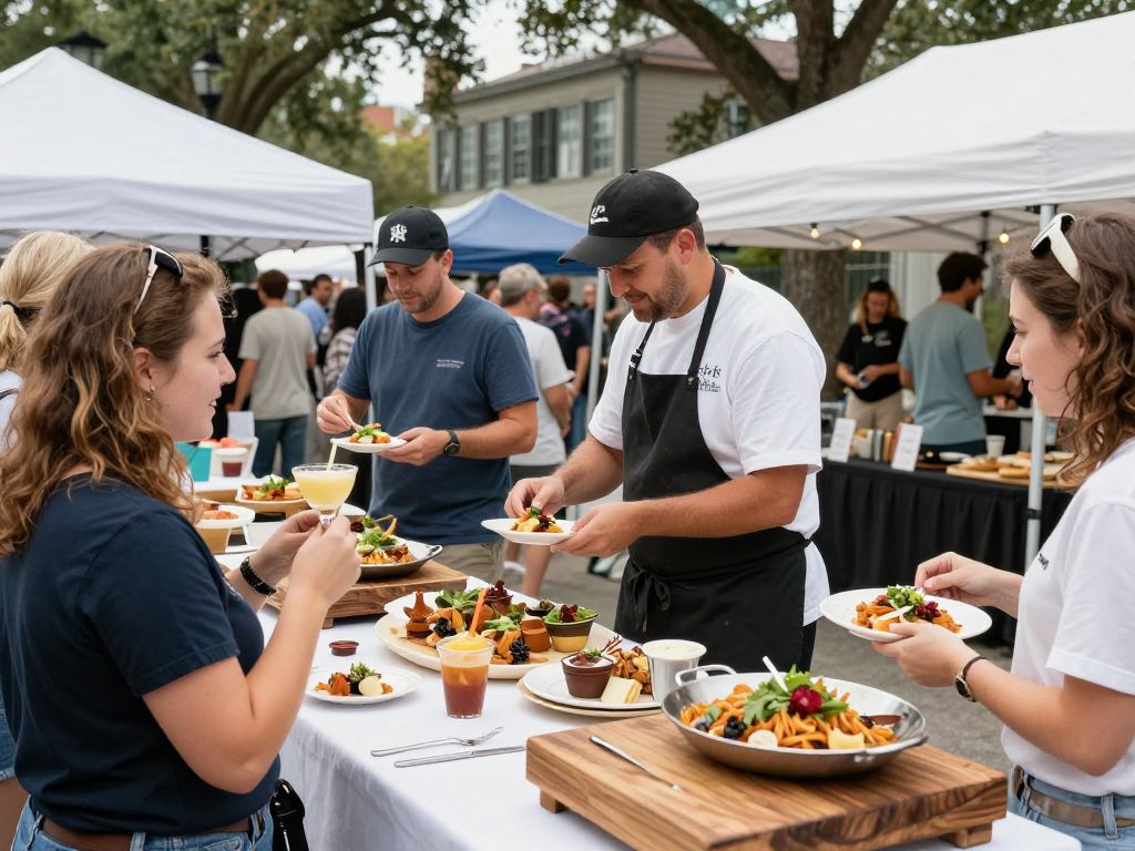 Vibrant scene from the Charleston Wine and Food Festival featuring local cuisine and enthusiastic attendees.