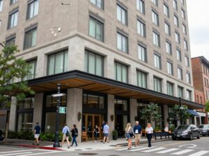 Exterior view of the newly renovated Marriott hotel in downtown Charleston.