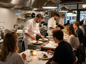 Chefs and patrons enjoying a vibrant dining scene in Charleston, SC.