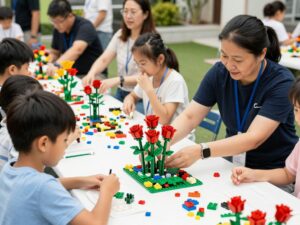 Participants building LEGO roses at a community event in Charleston