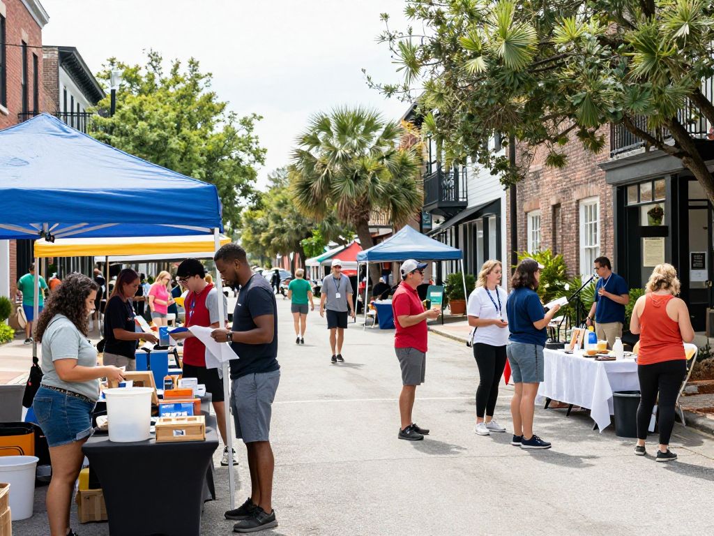An outdoor view of Charleston's local businesses in a bustling marketplace.