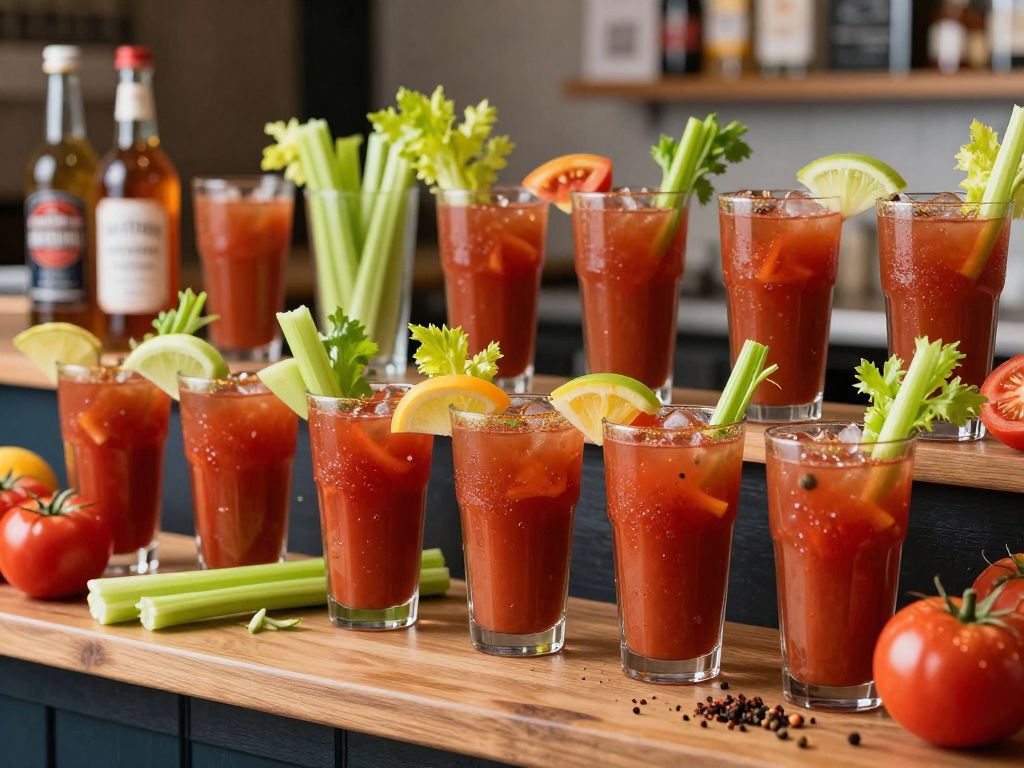 Display of Charleston Mix Bloody Mary mixes with fresh ingredients.