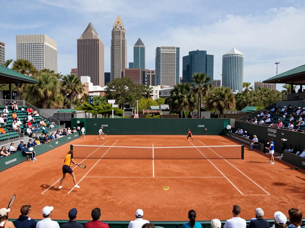 Professional tennis match at the Charleston Open with audience and city skyline