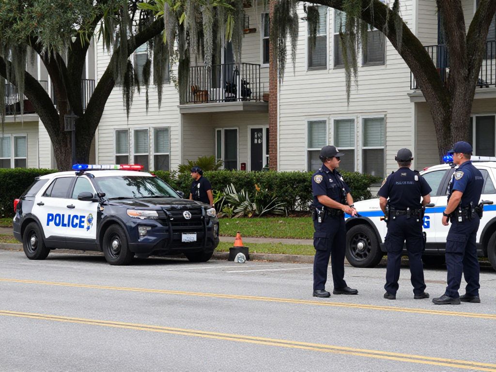 Charleston police officers securing an area near MAA Apartments after a gunfire incident.