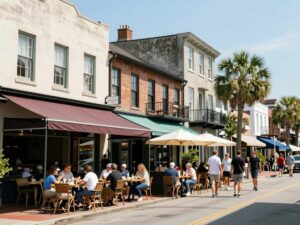 Vibrant Charleston street with local restaurants and outdoor dining.