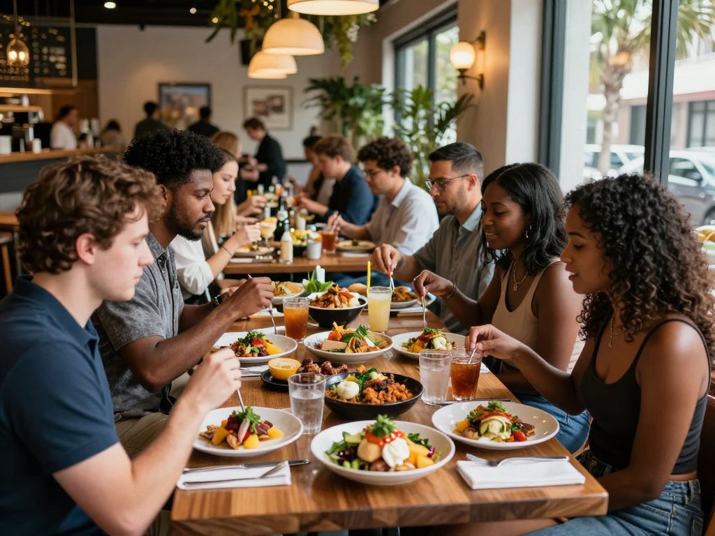 Diners enjoying meals at a restaurant during Charleston Restaurant Week