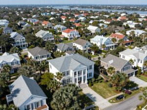Aerial view of Charleston SC highlighting various home styles in the real estate market.