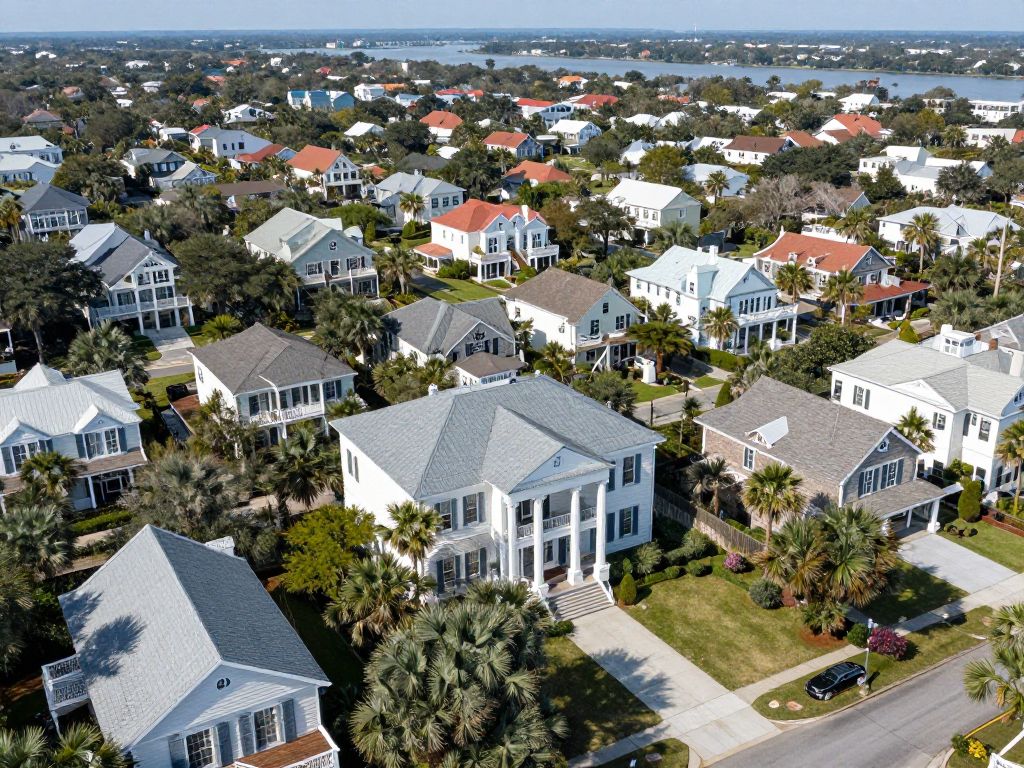 Aerial view of Charleston SC highlighting various home styles in the real estate market.