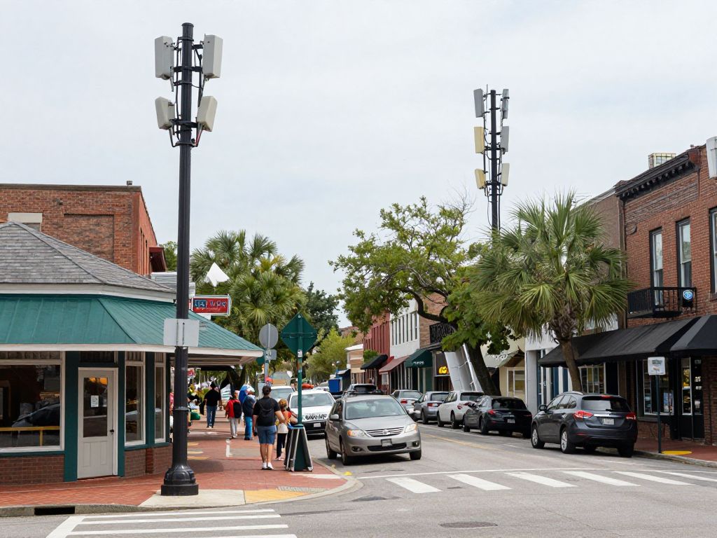 Downtown Charleston with small businesses showcasing the importance of reliable telecommunications.