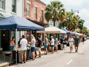 A bustling Charleston street featuring local small businesses and entrepreneurs.