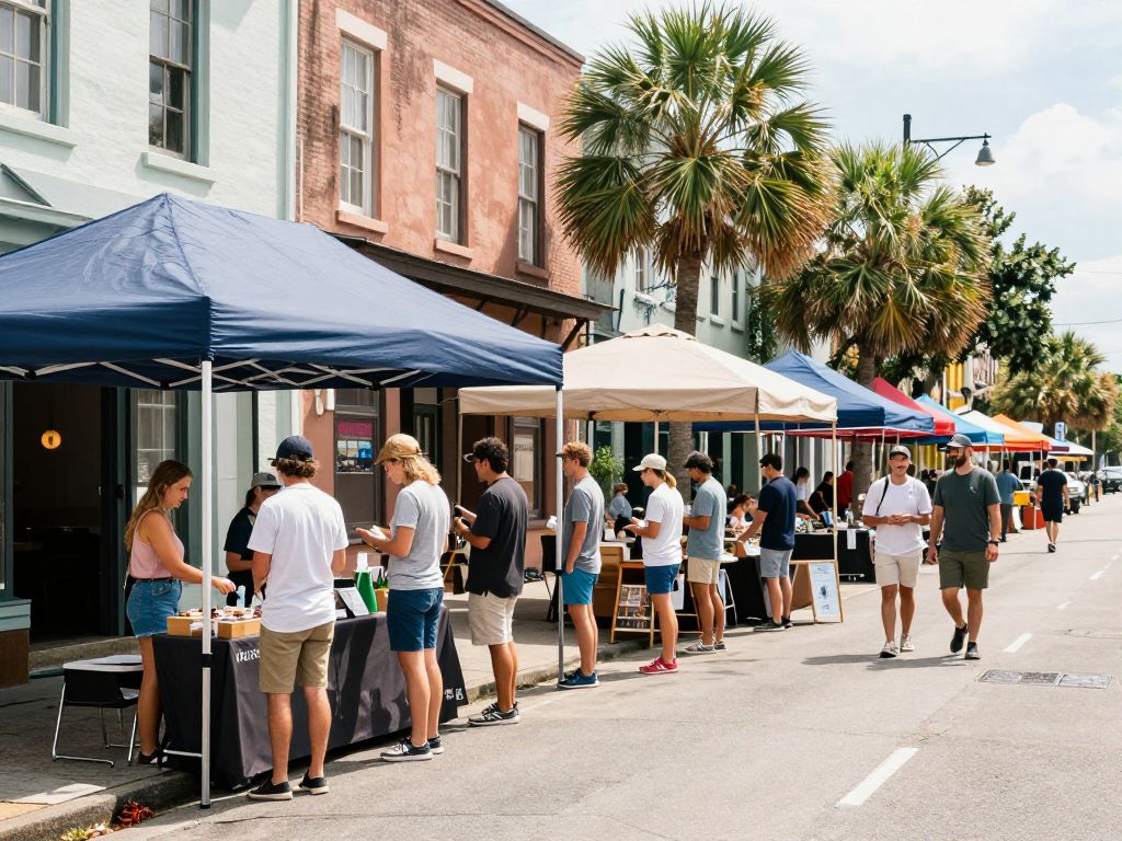 A bustling Charleston street featuring local small businesses and entrepreneurs.