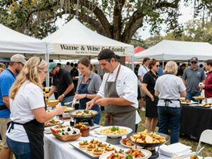 Participants enjoying the Charleston Wine + Food Festival with various cuisines and a festive atmosphere.