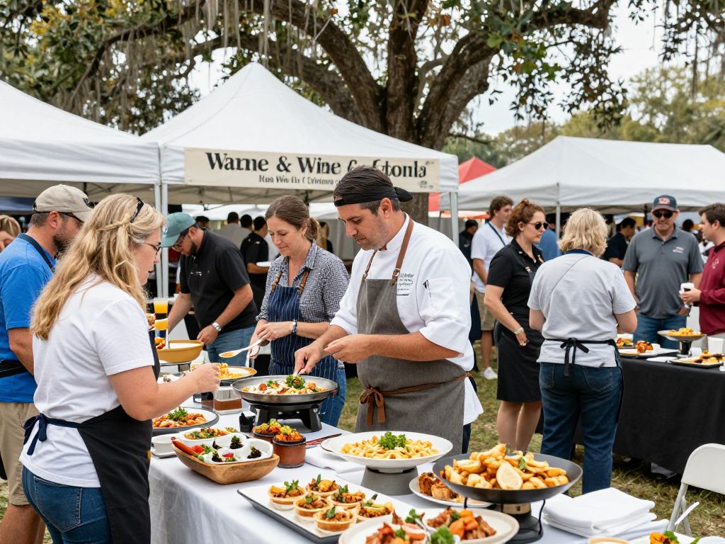 Participants enjoying the Charleston Wine + Food Festival with various cuisines and a festive atmosphere.