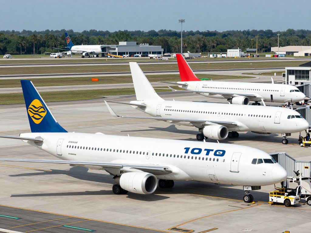 Exterior view of Charleston International Airport with airplanes and passengers.