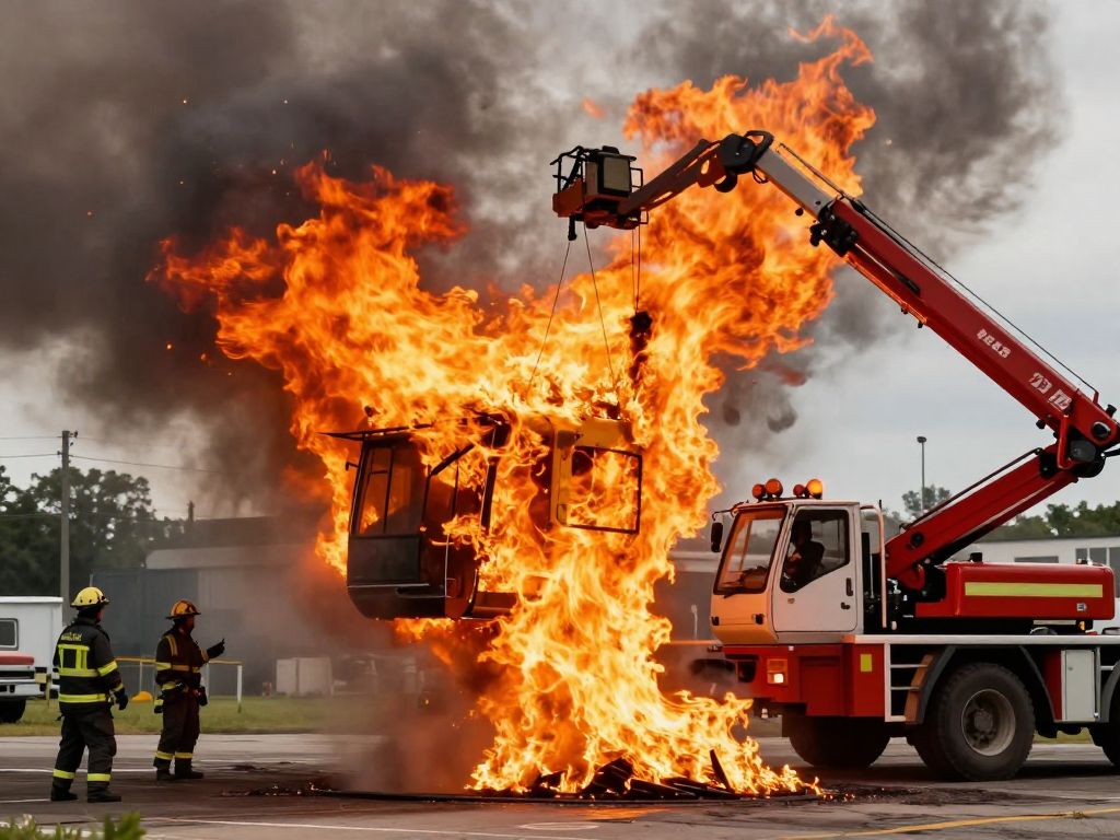 Cherry picker on fire with emergency responders nearby