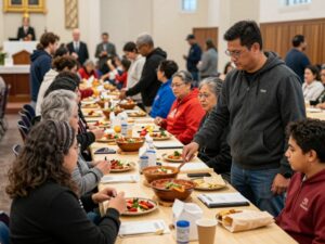 Community members enjoying a chili supper fundraiser at a church
