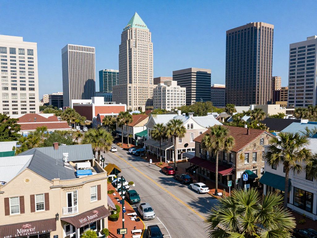 Cityscape of Charleston with focus on local businesses
