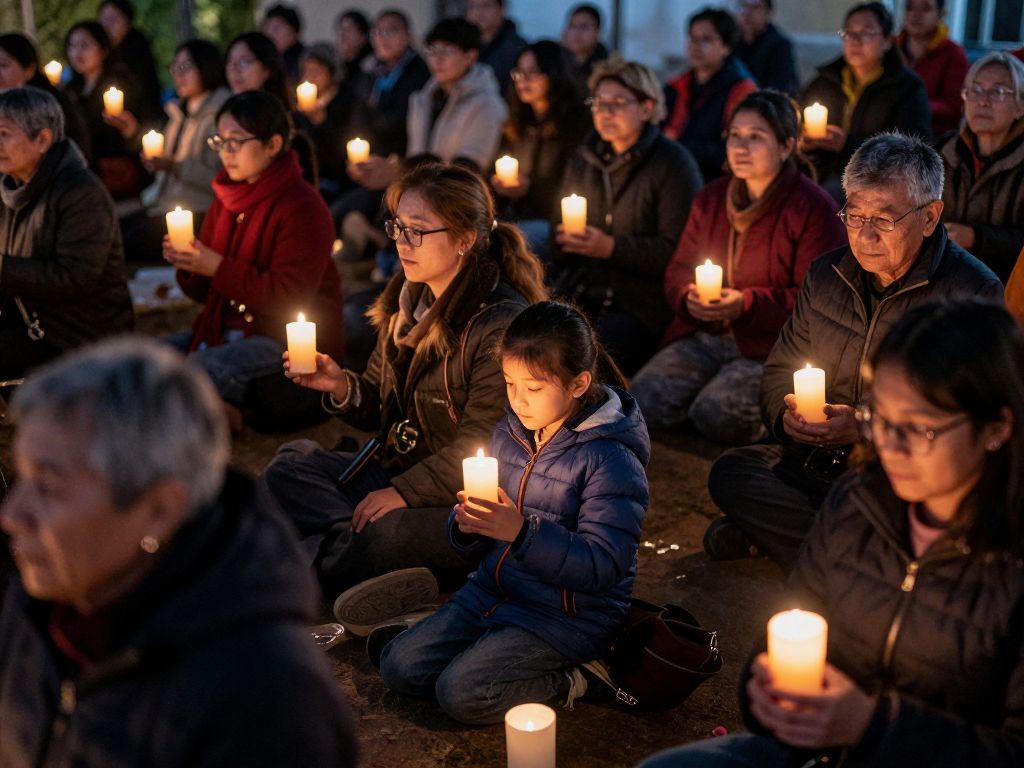 Community members holding candles in a peace gathering