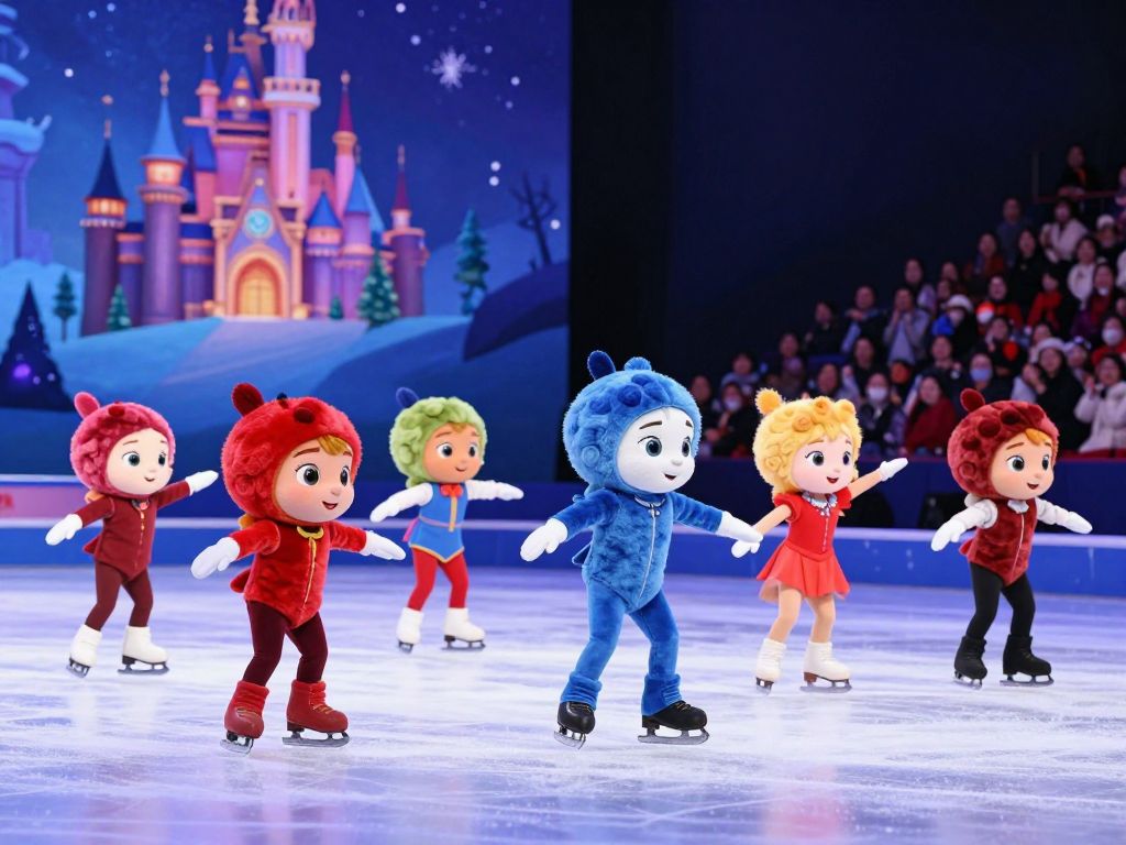 Disney On Ice featuring animated characters skating on a colorful ice stage.
