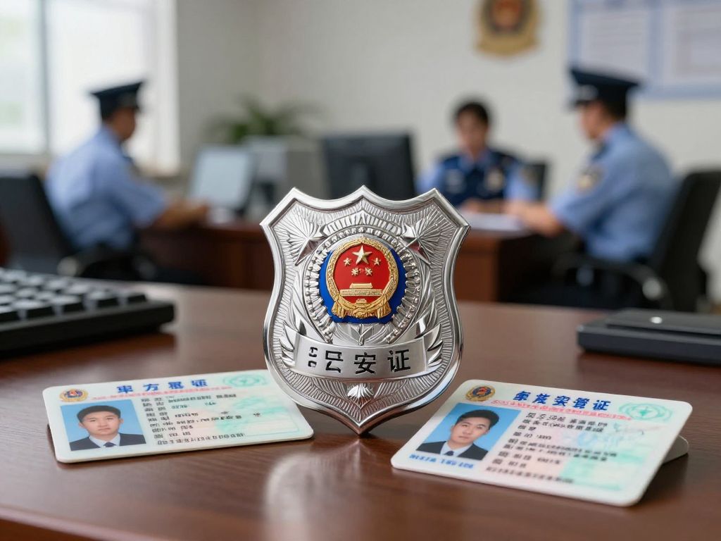 Police badge and fake driver's license on a desk.