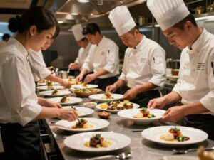 Chefs preparing gourmet dishes in a bustling restaurant setting in Greenville