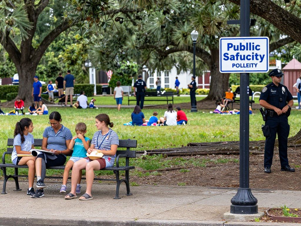 Families enjoying Hampton Park with public safety signage.