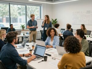 Diverse entrepreneurs collaborating in a vibrant workspace at the Harbor Entrepreneur Center.
