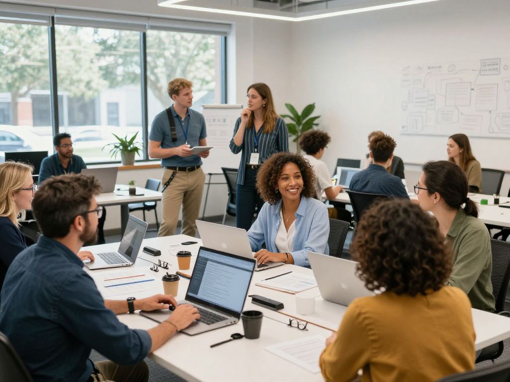 Diverse entrepreneurs collaborating in a vibrant workspace at the Harbor Entrepreneur Center.