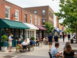Community members engaging and enjoying a revitalized Kanawha City business district