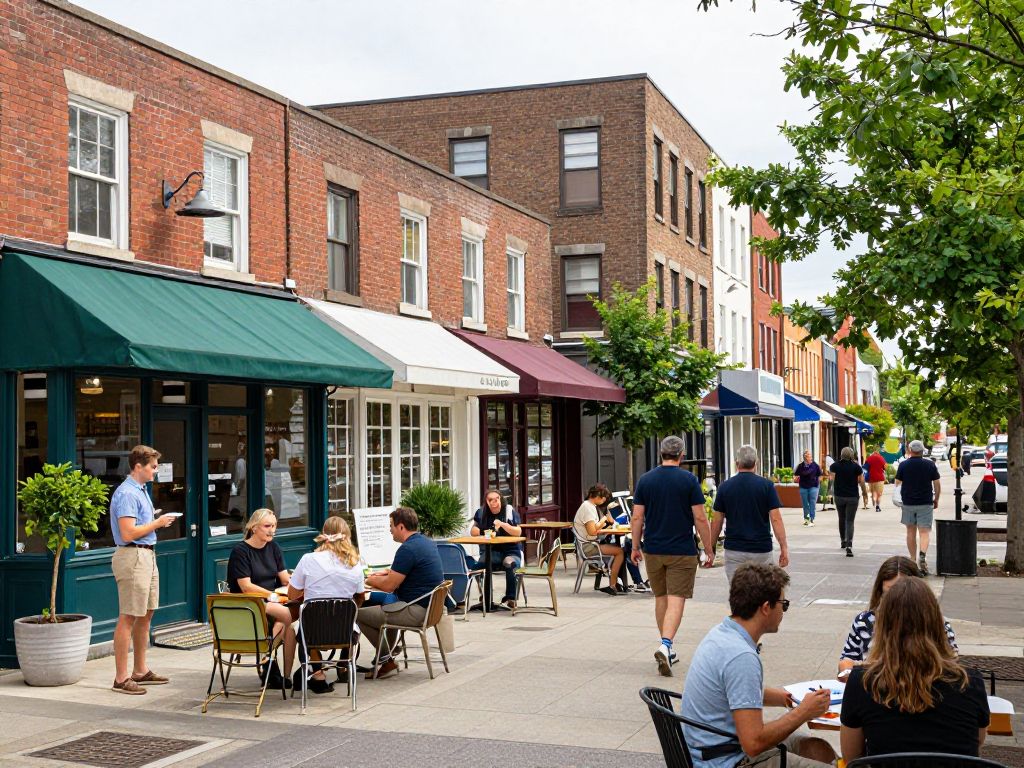 Community members engaging and enjoying a revitalized Kanawha City business district