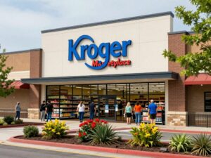 Exterior view of the new Kroger Marketplace in South Charleston, filled with shoppers.